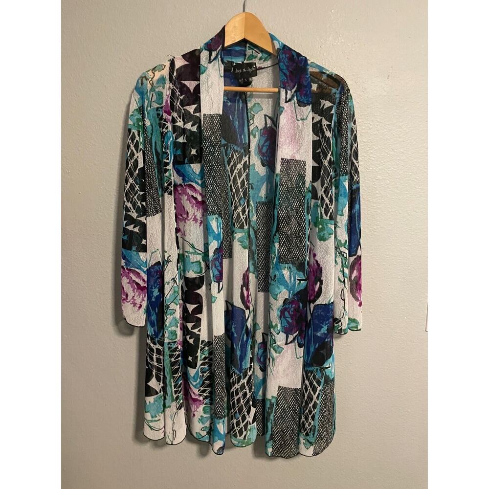 Step in Style Womens Cardigan Large Colorful Abstract Mesh Sheer Art to Wear